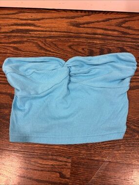 SHEIN Light Blue Ribbed Twist-Front Tube Crop Top